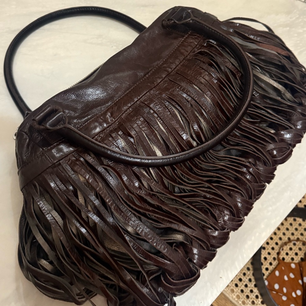 Fringed Chocolate Brown Leather Shoulder Bag - Women's Handbag